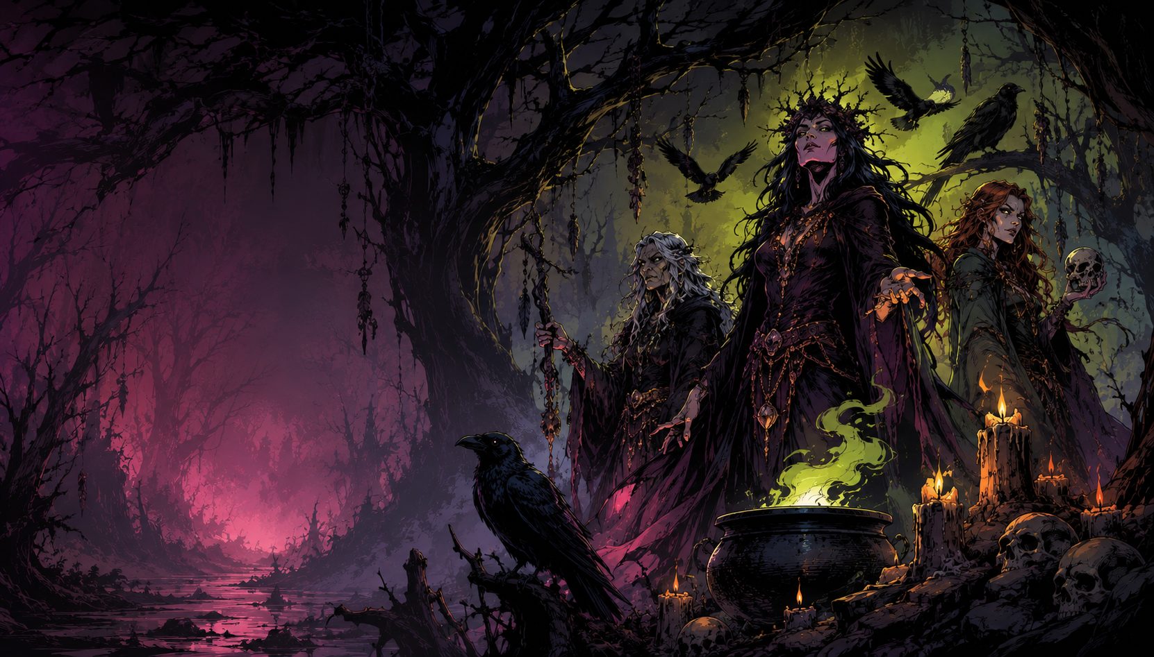 Three hags gathered around a smoking cauldron in a dark swamp, with ravens, candles and skulls