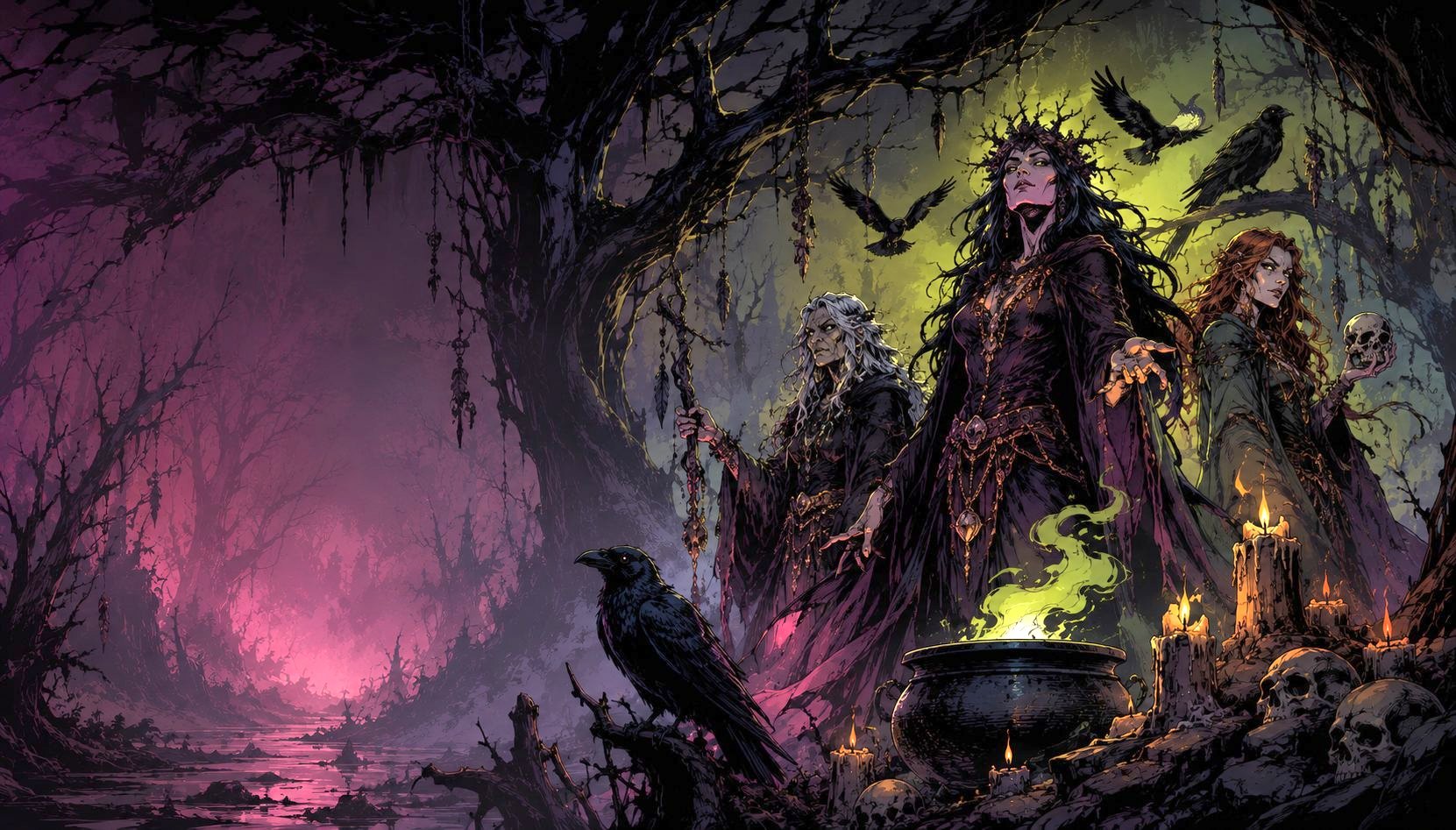 Three hags gathered around a smoking cauldron in a dark swamp, with ravens, candles and skulls