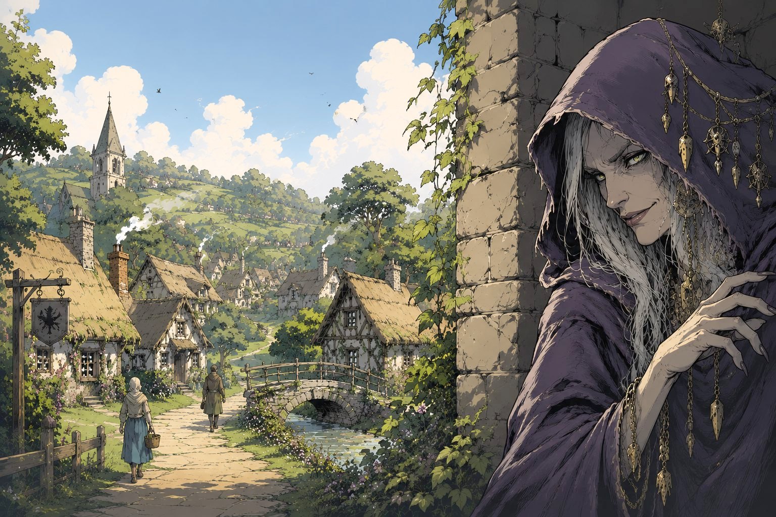 A hooded hag watching a sunlit village from behind a stone wall
