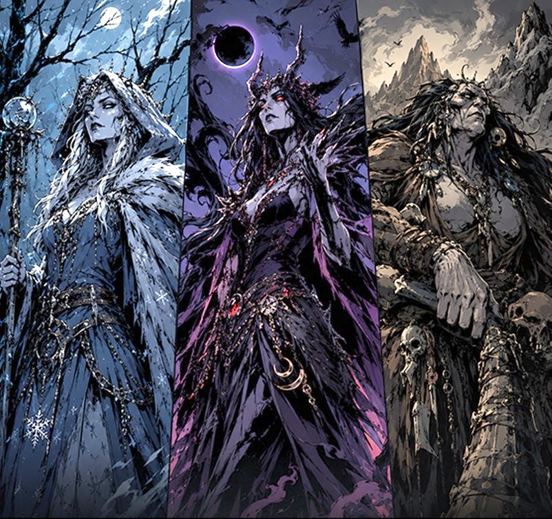 Three hags side by side: a Bheur Hag with a frost staff, a Night Hag under a black moon, and an Annis Hag before the mountains